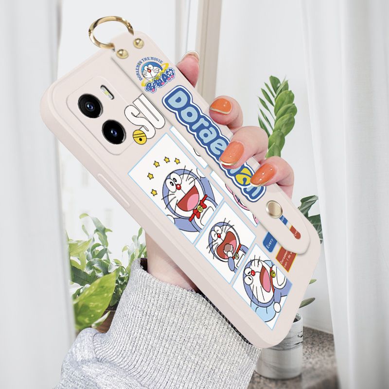 Jizetin for Vivo Y15A / Y15S Back Cover Cute Doraemon Wrist Strap Phone Case Candy Color shock proof Protective Phone Cases