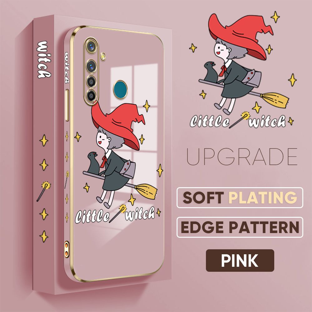 TA for Realme 5 Pro Back Cover + Free Lanyard Flying Witch for Girls Luxury 6D Plating Case Side Pattern Soft Silicone Square Phone Cases