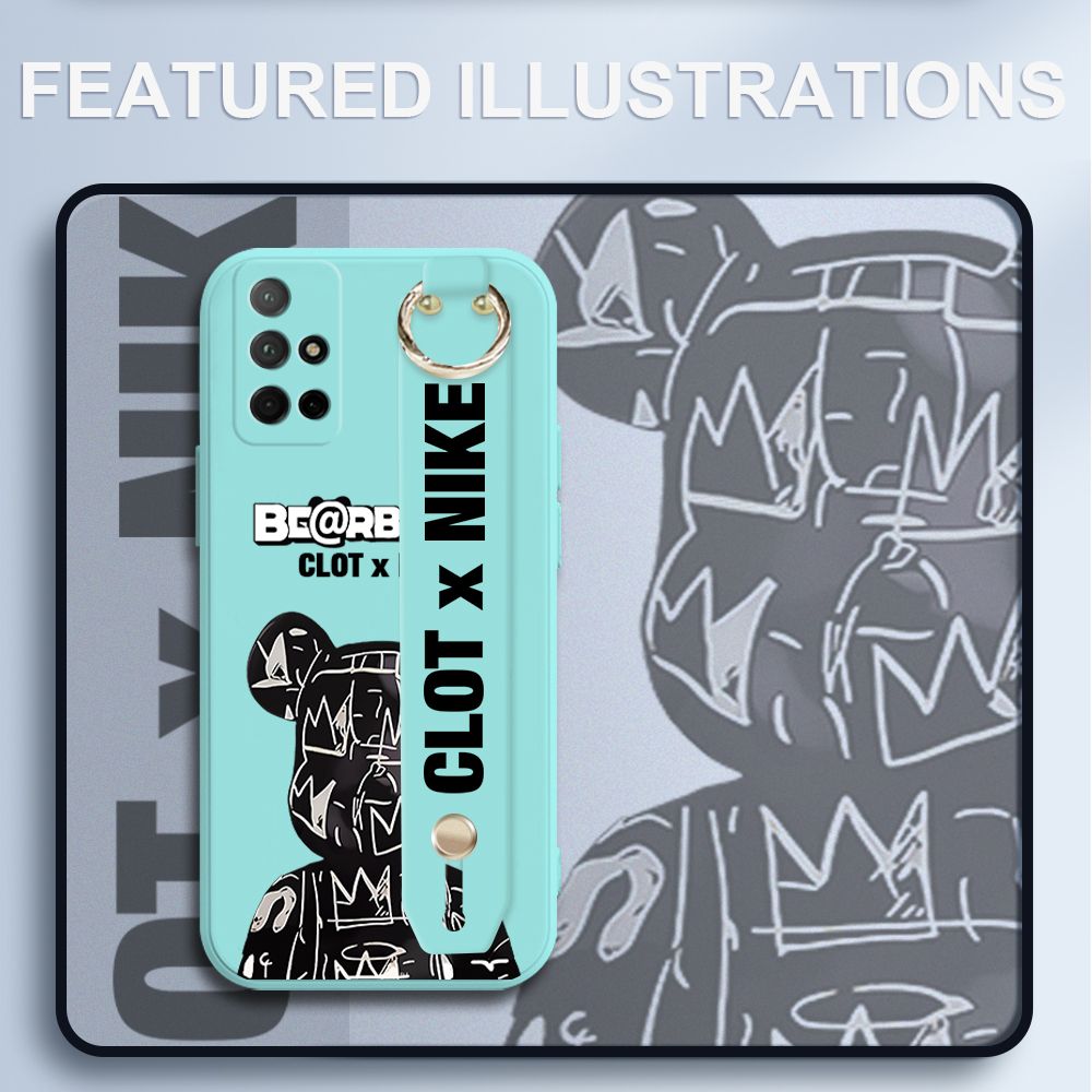 UCUC for Honor 30S Wrist Strap Case Creative Cartoon Black Stitching Bear Cover Ultra Thin Anti Fall Liquid Silicone Phone Case