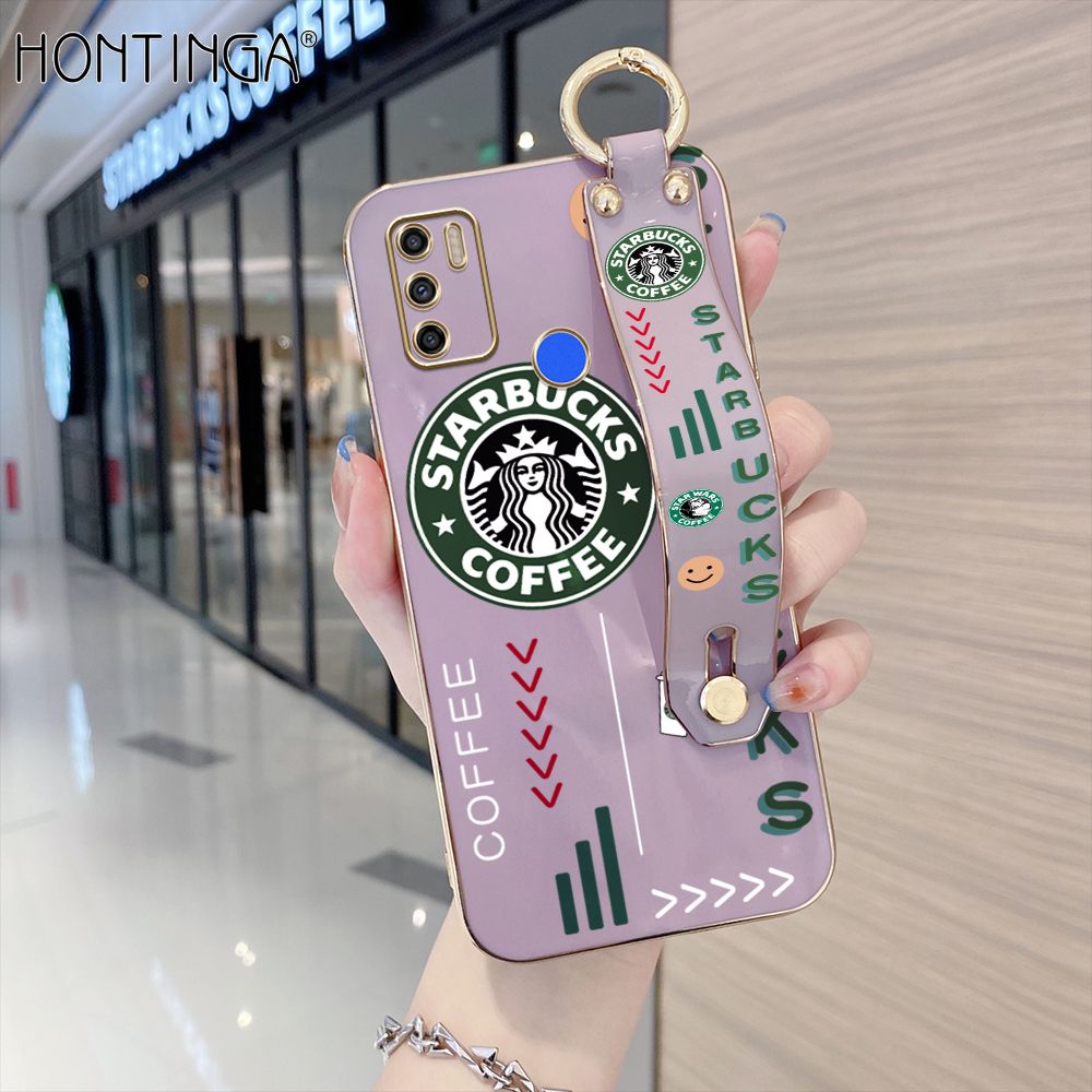 Hontinga for Tecno Spark 6 Air / Spark 5 Air Back Cover With Wristband Luxury 6D Plating Coffee Sign Case Soft Silicone Square Phone Cases
