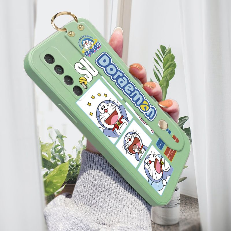 Jizetin for Huawei Y7A Wrist Strap Case Creative Cartoon Doraemon's Daily Life Cover Ultra Thin Anti Fall Liquid Silicone Phone Case