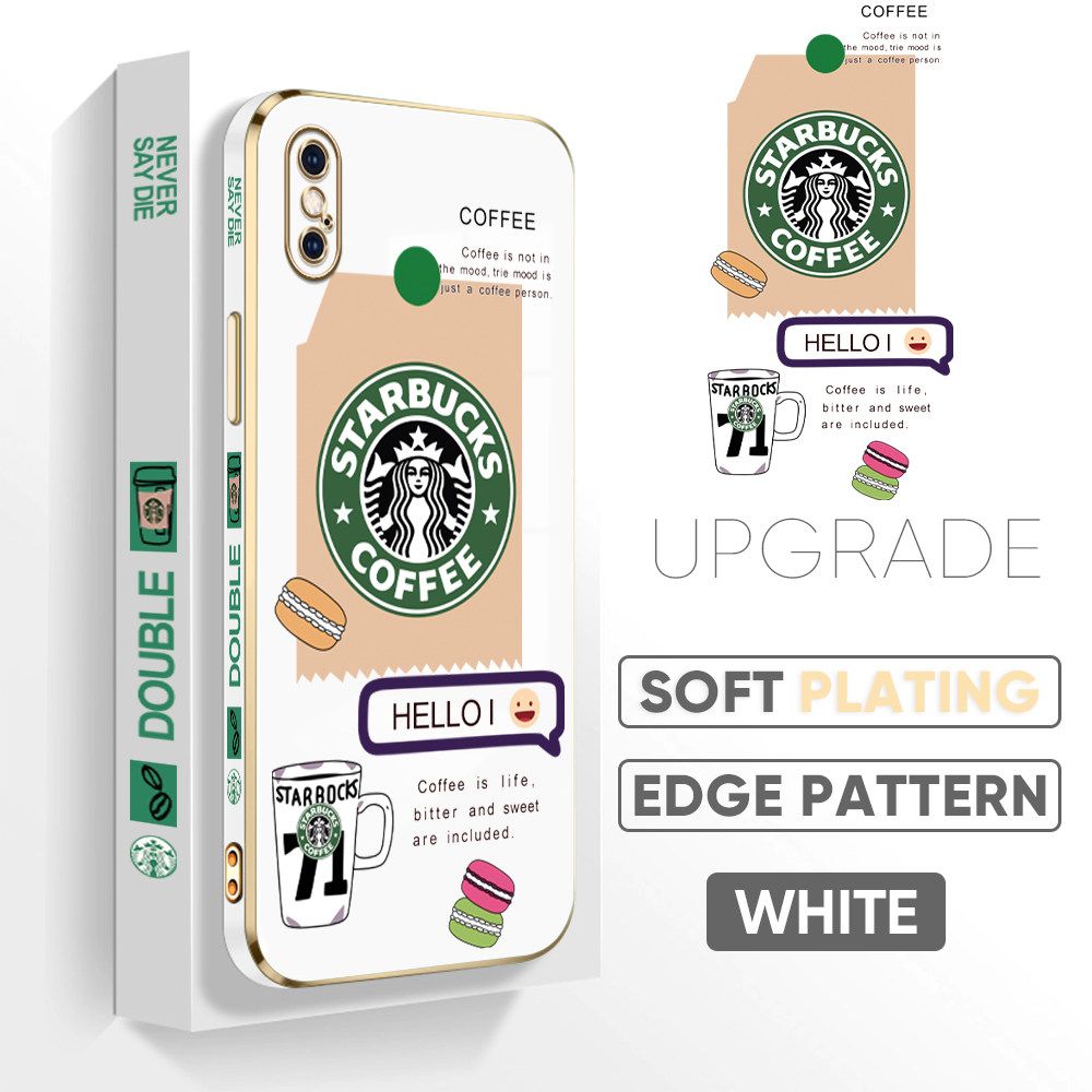 Jizetin (Free Lanyard) iPhone X XS Back Cover Two Coffee Macaron Luxury 6D Plating Case Side Pattern Soft Silicone Square Mobile Phone Cases