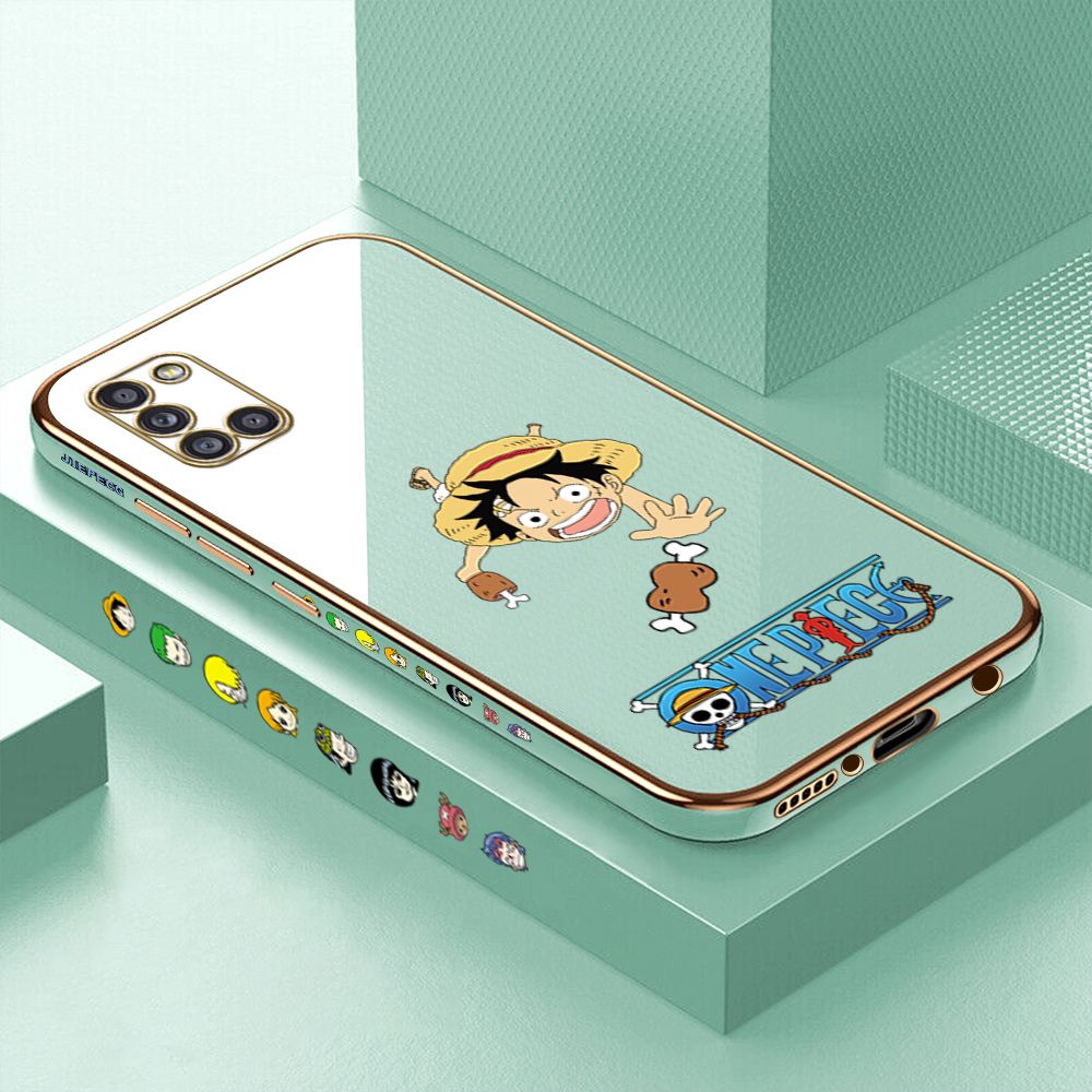 Luxury 6D Plating Case for Samsung A31 Cartoon Meaty Luffy Side Pattern Back Cover Soft Silicone Square Phone Cases + Free Lanyard