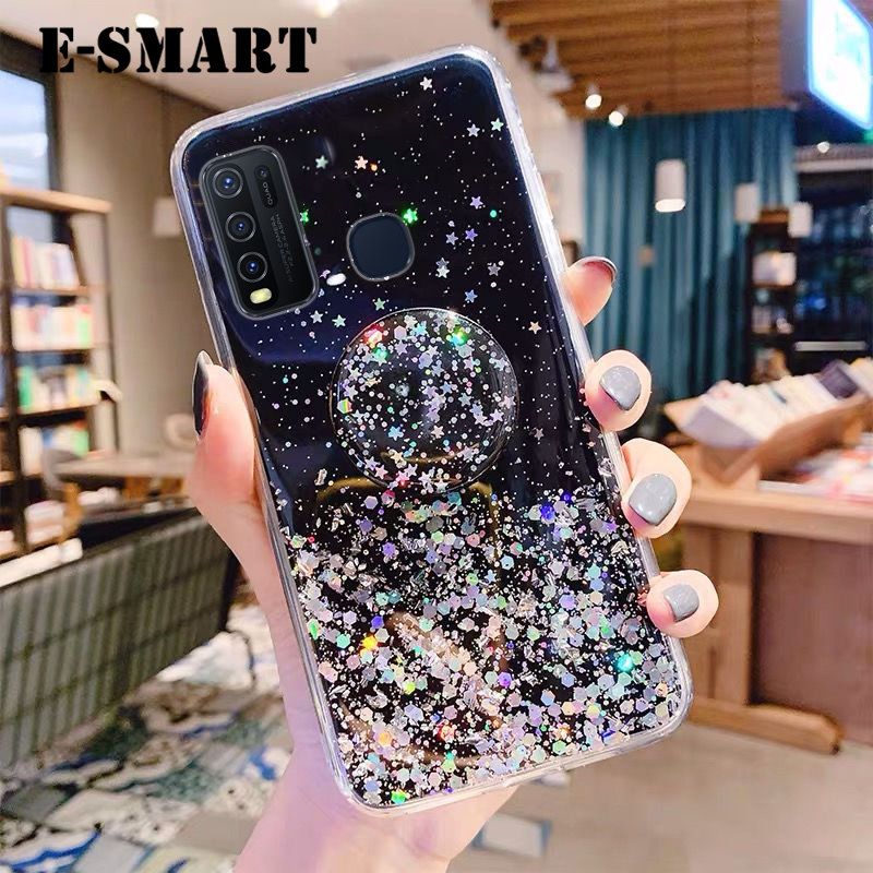 Phone case Vivo Y30 Back cover Shiny Ring Glitter Soft Transparent Holder Stand Back cover with String Glitter Space Stars Moon Vivo Y30 case