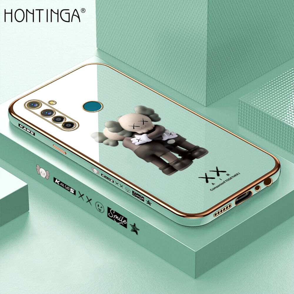Hontinga for Realme 5 Pro Back Cover + Free Lanyard Luxury 6D Plating Cartoon Hug bear Side Pattern Case Soft Silicone Square Mobile Cover