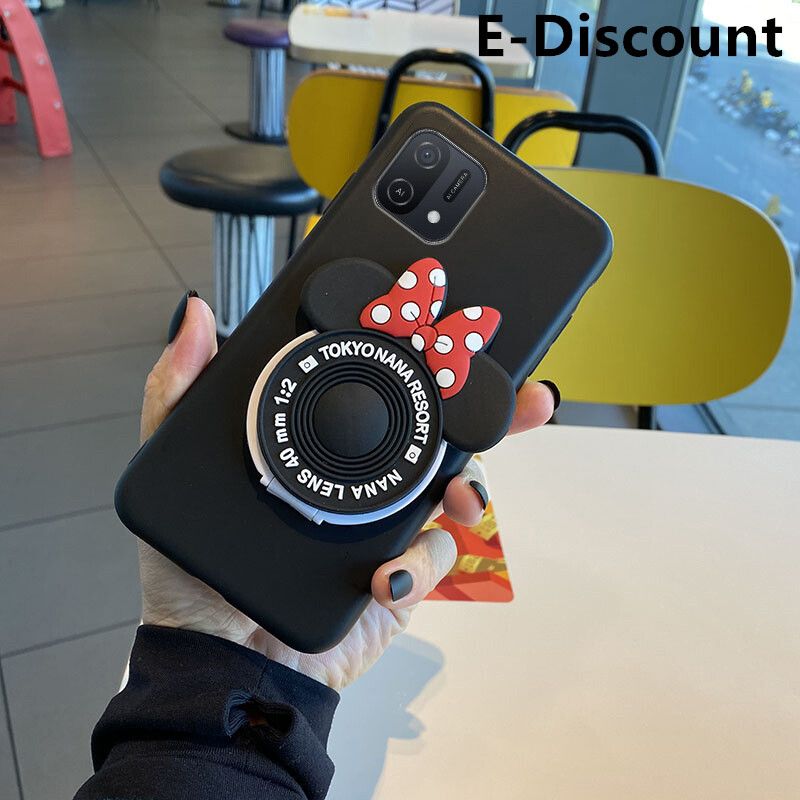 For OPPO A16E Case Cute Cartoon Camera Stand Holder Silicone Soft Cases for OPPO A16E Makeup Mirror Phone Cover Back Cover