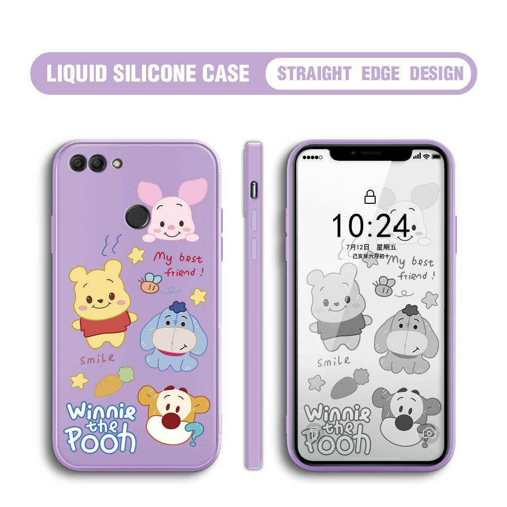 BILI for Huawei Y9 2018 Back Cover Cute Winne Friends Multicolor Liquid Silicone Phone Case Soft Square Lens Protection Phone Cases