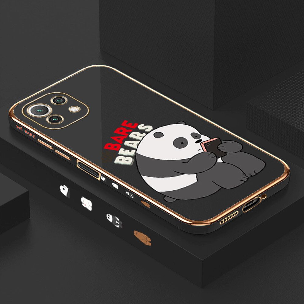 Luxury 6D Plating Case for Xiaomi 11 Lite 5G Cartoon Panda Side Pattern Back Cover Soft Silicone Square Frame Shiny Bling Phone Cases + Free Lanyard