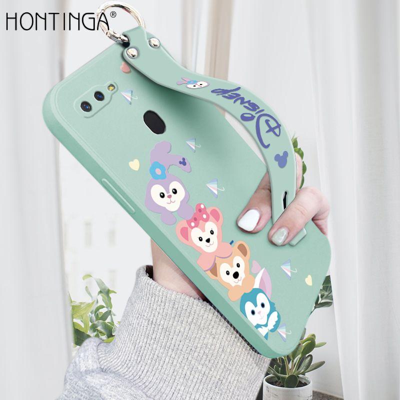 Hontinga for OPPO F9 / F9 Pro / Realme 2 Pro / U1 Wrist Strap Case INS Cute Style Creative Cartoon Rabbit and Fox Cover Thin Square Edge Liquid Silicone Phone Case