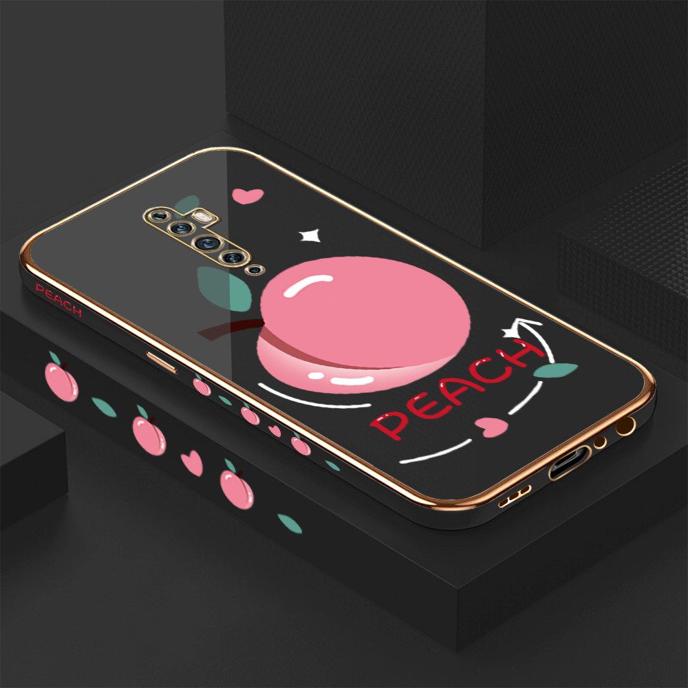 Luxury 6D Plating Case for OPPO Reno2 F Cartoon Simple Peach Side Pattern Back Cover Soft Silicone Square Frame Shiny Bling Phone Cases + Free Lanyard