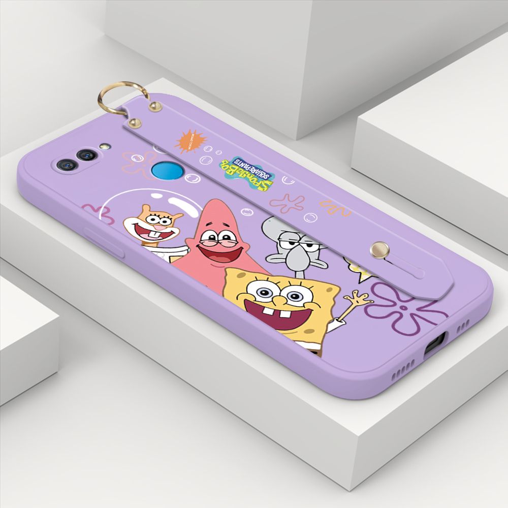 ZeroQiQi for OPPO A12 Wrist Strap Case Cute Cute Funny Cartoon Sponge for Square Pants Cover Square Edge Liquid Silicone Anti-drop Phone Case