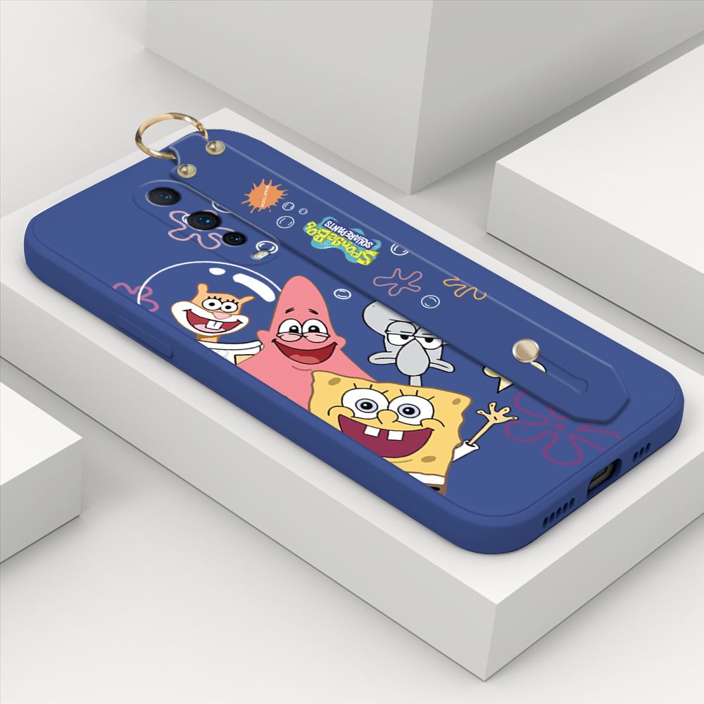 ZeroQiQi for OPPO R17 Pro Wrist Strap Case Cute Cute Funny Cartoon Sponge for Square Pants Cover Square Edge Liquid Silicone Anti-drop Phone Case
