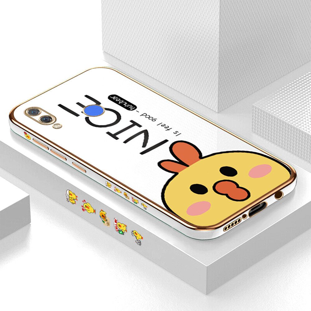 Luxury 6D Plating Case for Huawei Nova 3 Cute Cartoon Chicken Side Pattern Back Cover Soft Silicone Square Frame Shiny Bling Phone Cases + Free Lanyard