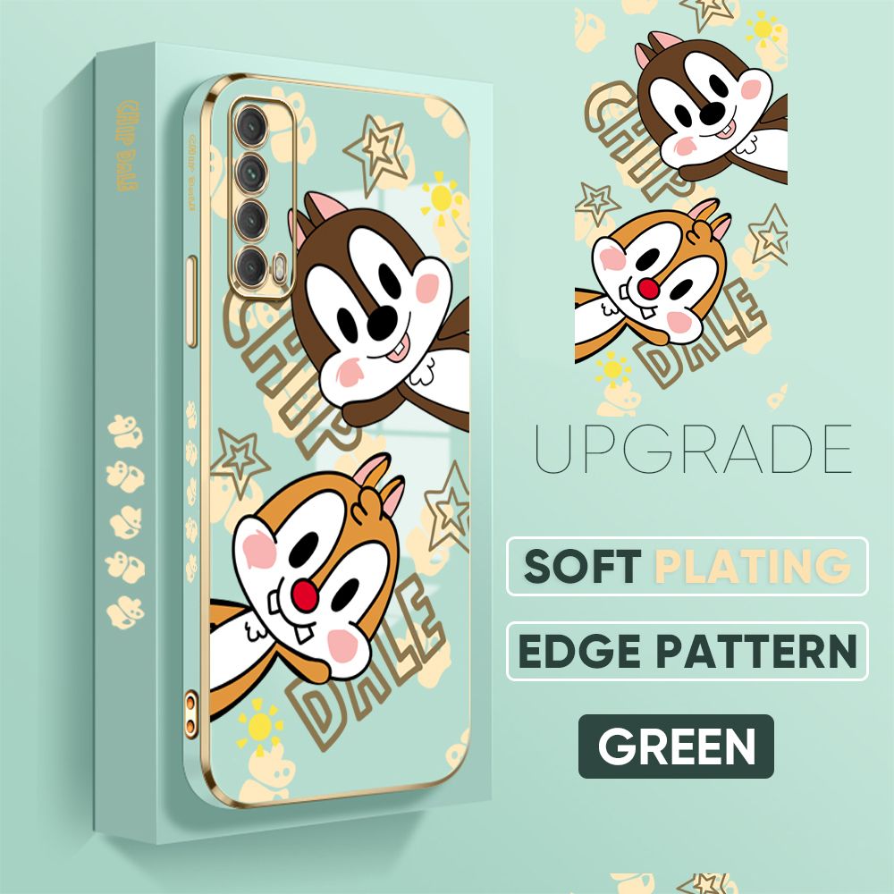 Jizetin (Free Lanyard) Huawei Y7A Back Cover Two Chipmunks Luxury 6D Plating Case Side Pattern Soft Silicone Square Mobile Phone Cases