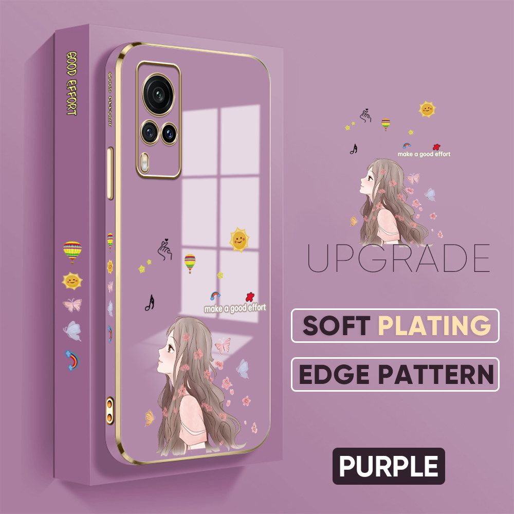 TA for Vivo X60 Back Cover + Free Lanyard Charming Girl Luxury 6D Plating Case Side Pattern Soft Silicone Square Phone Cases