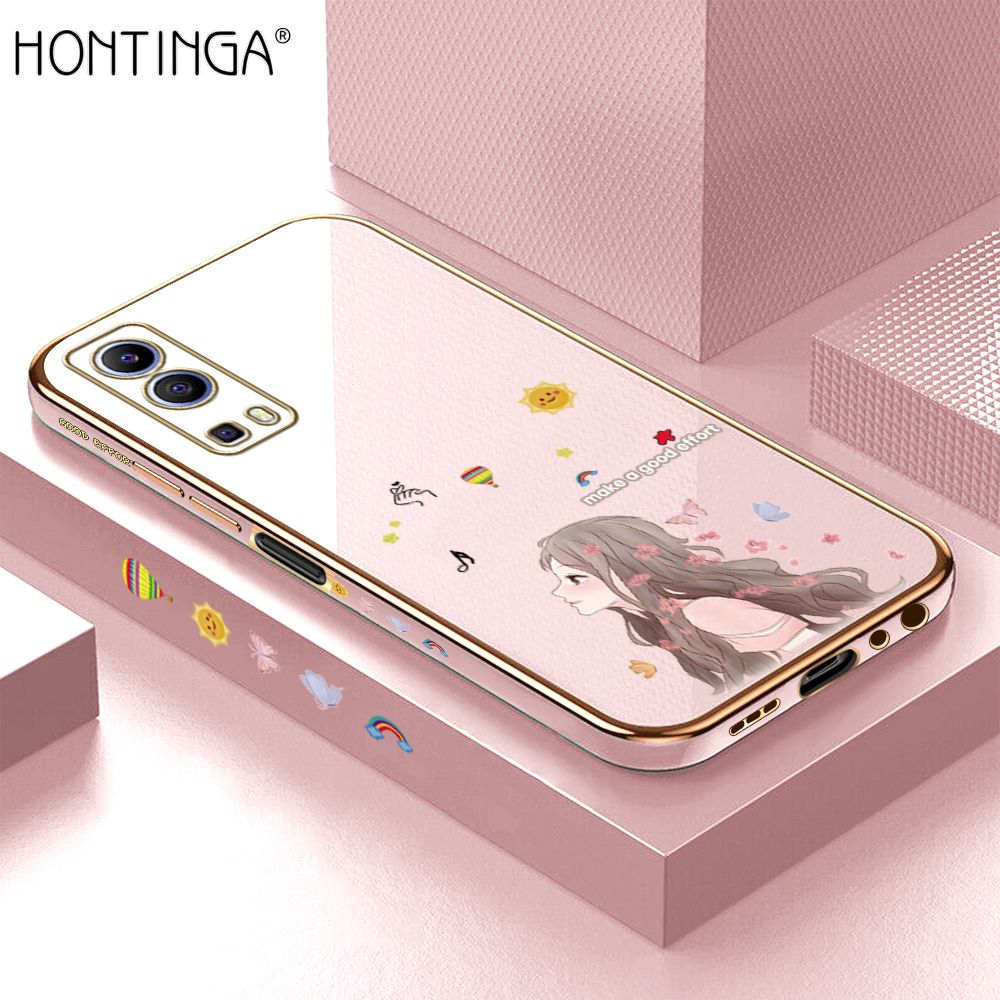 Hontinga for Vivo Y52 5G / Y72 5G Back Cover Luxury 6D Plating Sunshine Girl Side Pattern Case Soft Silicone Square Phone Cases
