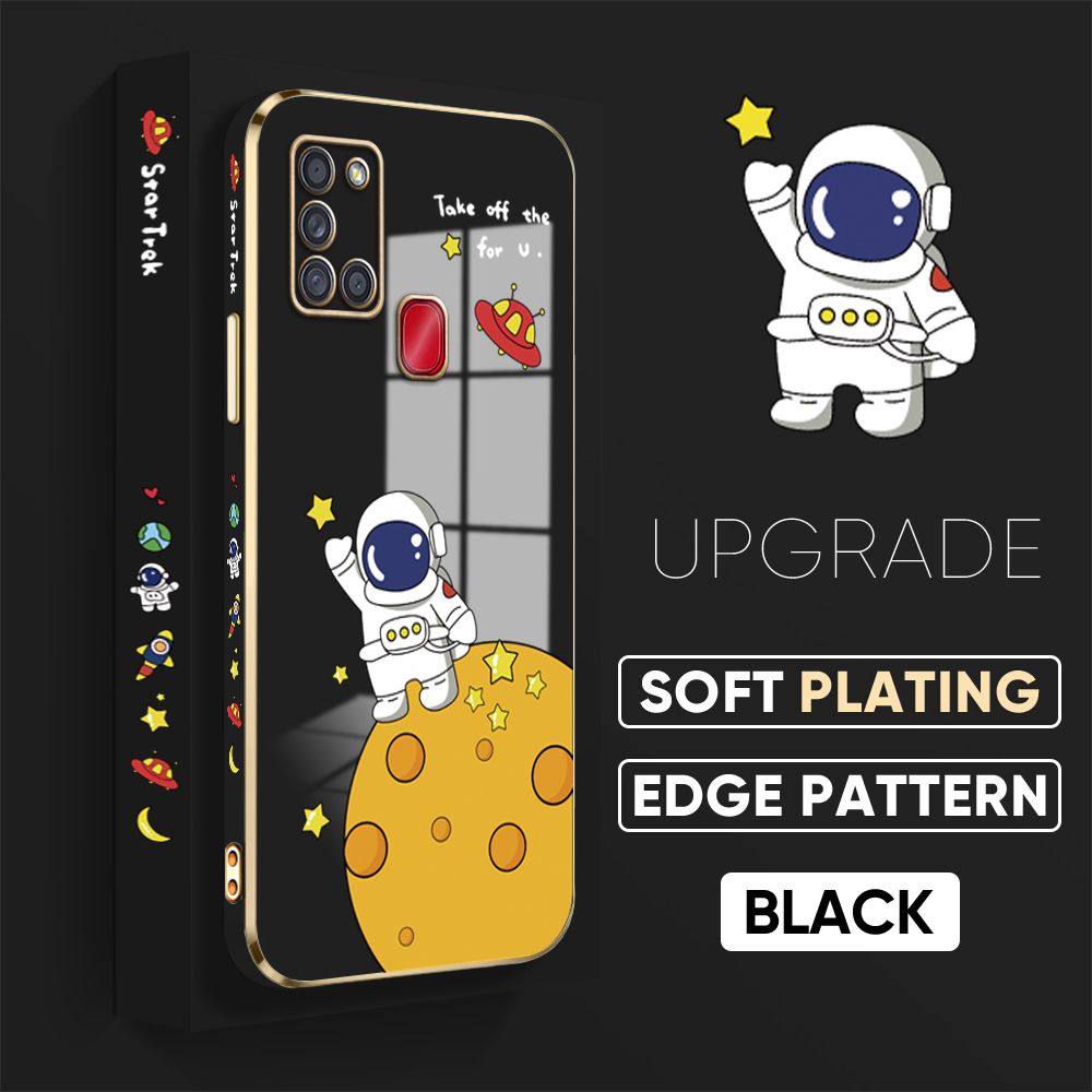 TA for Samsung Galaxy A21s Back Cover + Free Lanyard Planet Astronaut Luxury 6D Plating Case Side Pattern Soft Silicone Square Phone Cases