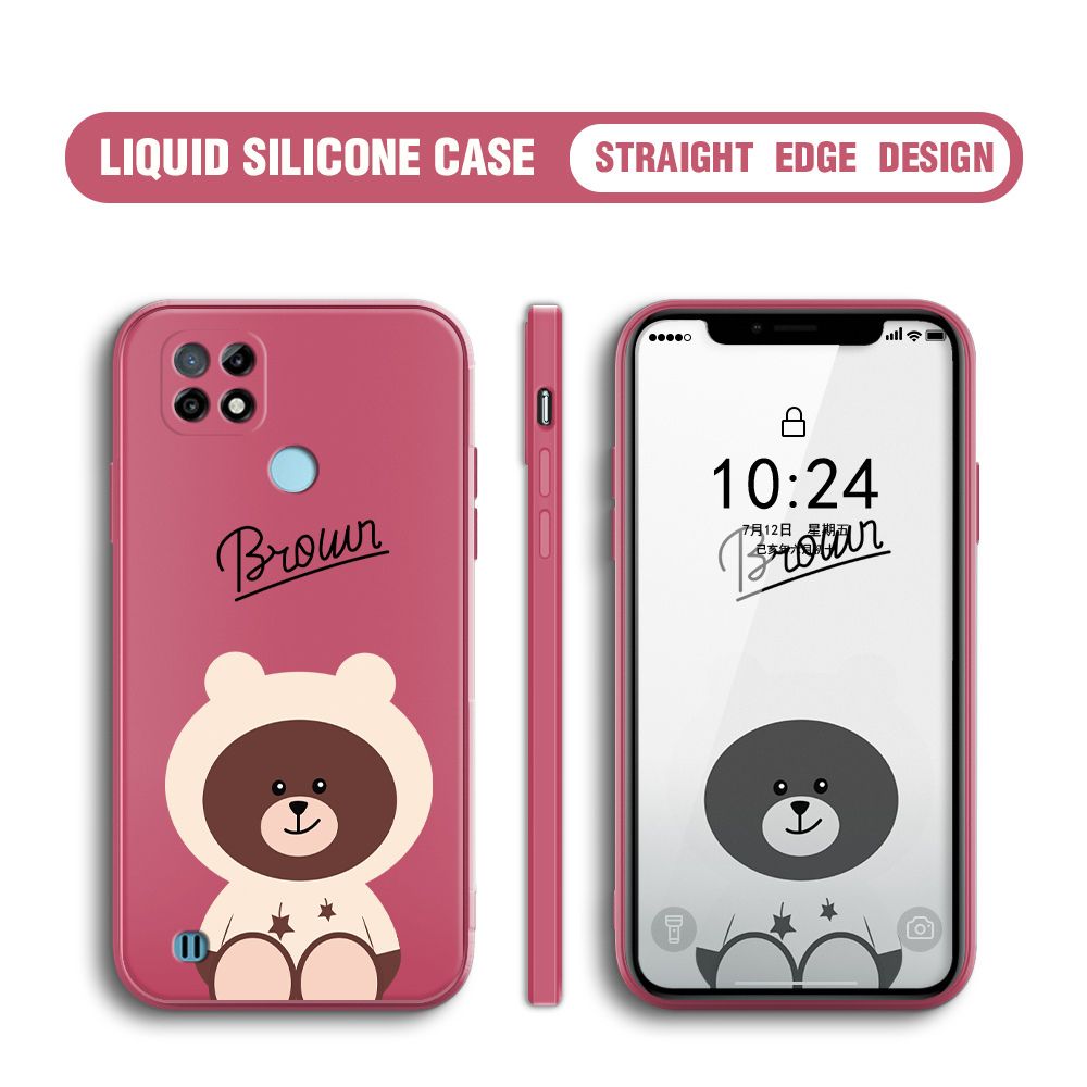 BILI for Realme C21 Back Cover Brown Bear Multicolor Liquid Silicone Phone Case Soft Square Lens Protection Phone Cases