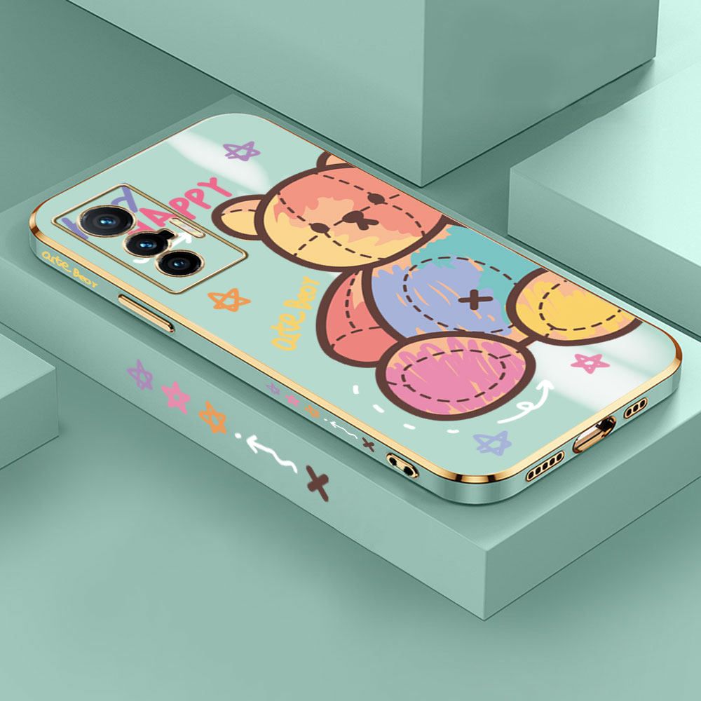Jizetin (Free Lanyard) Vivo X70 5G Case Color Doll Bear Luxury 6D Plating Soft Casing Silicone Ultra Thin Phone Cover