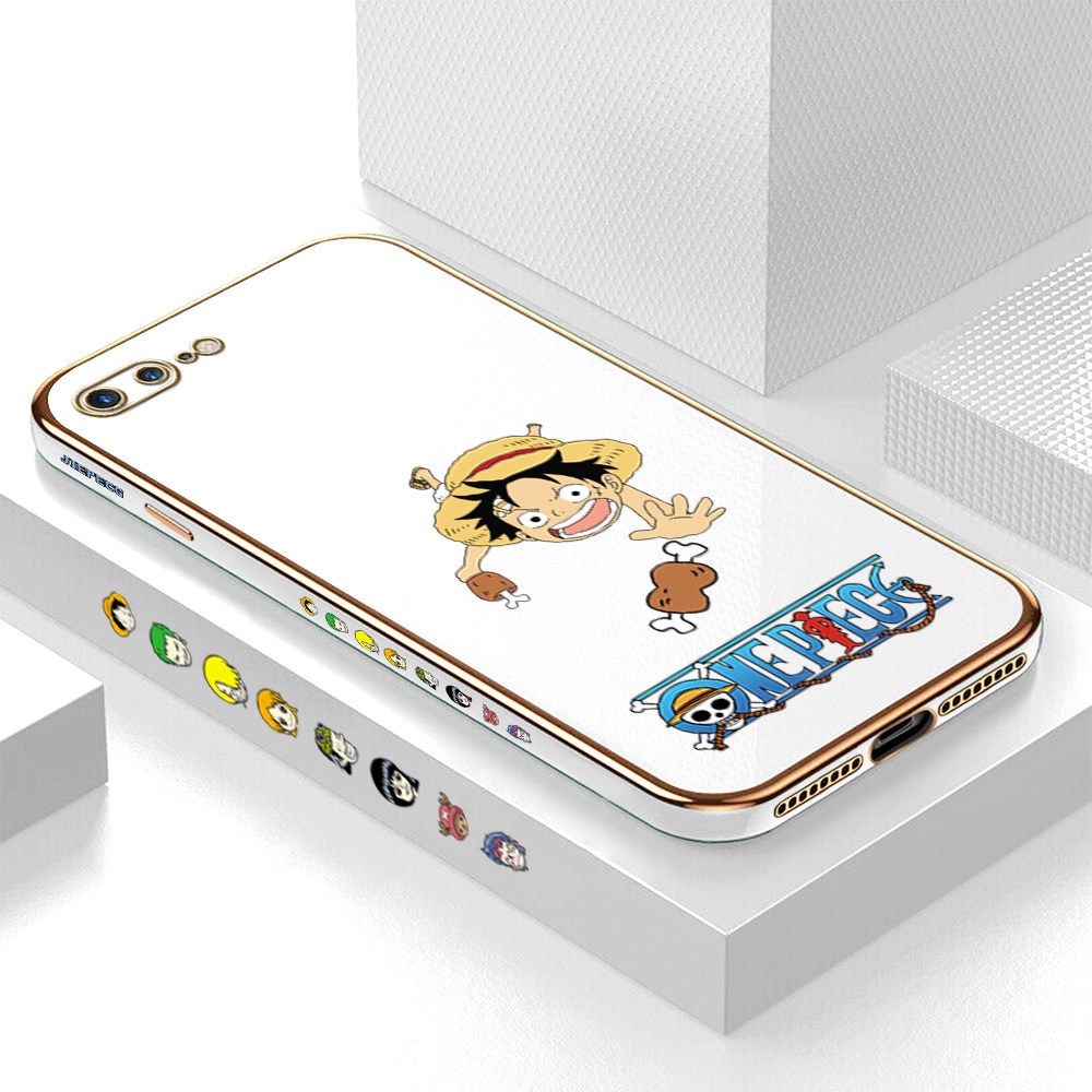 Luxury 6D Plating Case for iPhone 7 Plus Gluttonous Cartoon Luffy Side Pattern Back Cover Soft Silicone Square Frame Shiny Bling Phone Cases + Free Lanyard