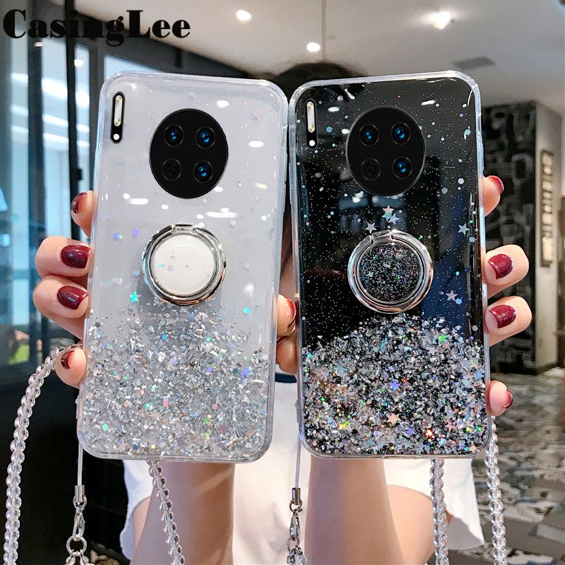 Casinglee for Huawei Mate 30 Pro case Shiny Ring Glitter Soft Transparent Holder Stand Back cover with String for Huawei Mate30 Pro Phone cases cover Stars Moon Girls For girls and Boys
