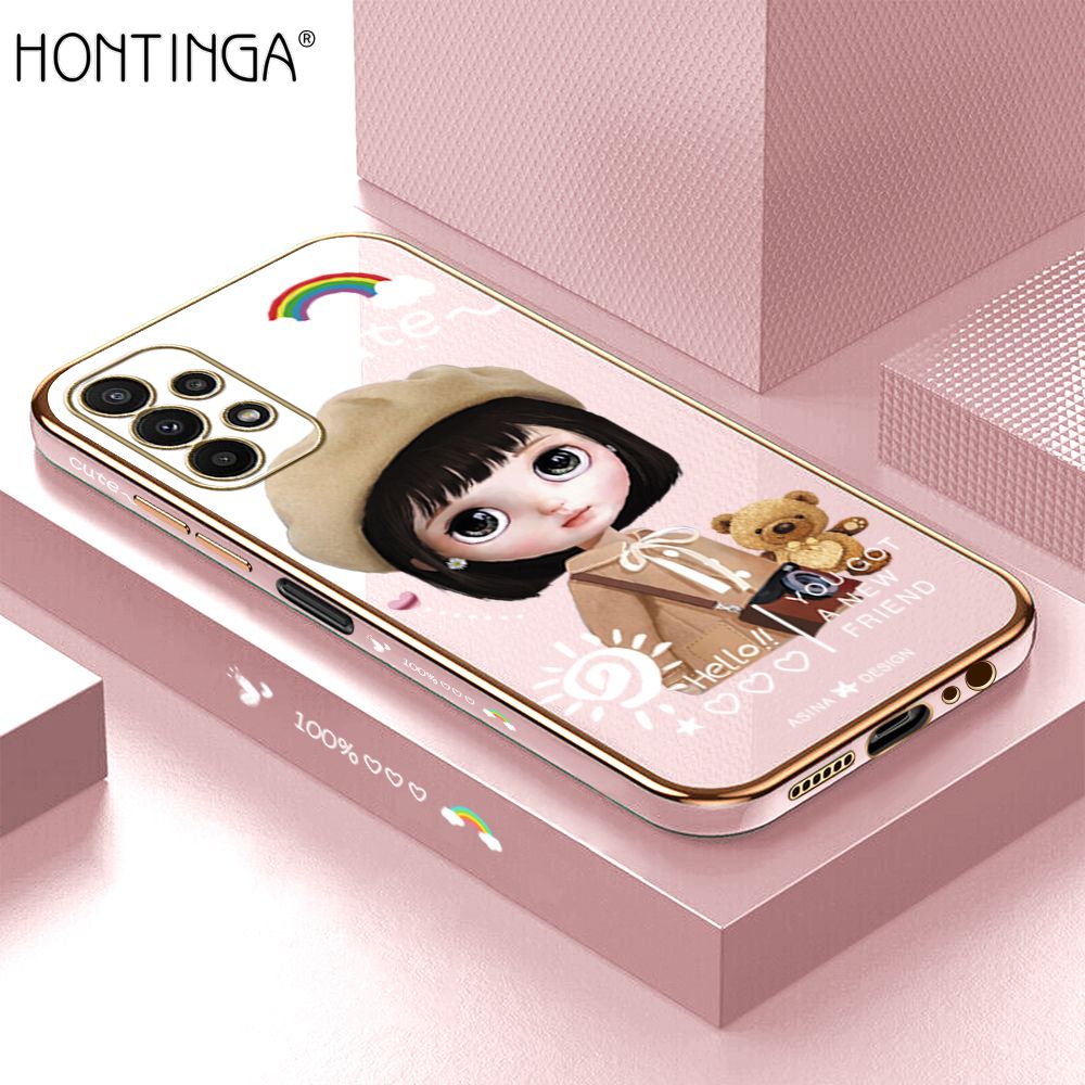 Hontinga for Samsung Galaxy A23 Back Cover + Free Lanyard Luxury 6D Plating Cartoon Satchel Girl Side Pattern Case Soft Silicone Square Phone Cases