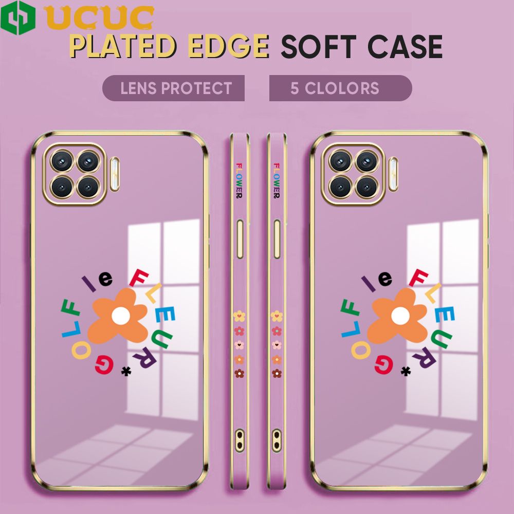 UCUC for OPPO F17 Pro / A93 2020 / Reno4 F Back Cover + Free Lanyard Colorful Flower Luxury 6D Plating Case Side Pattern Soft Silicone Square Phone Cases