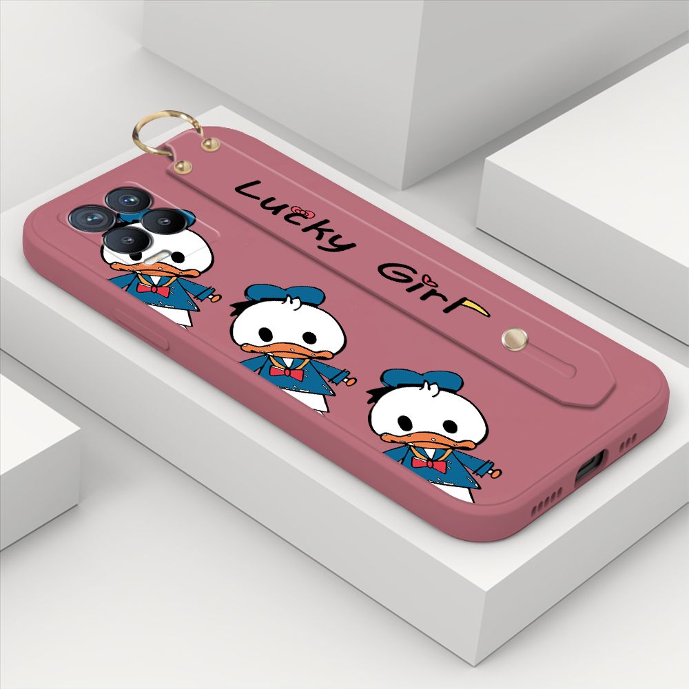 ZeroQiQi for Realme 8 Pro Wrist Strap Case Cute Cartoon Little Duck Phone Case Square Edge Liquid Silicone Case Full Cover Camera Shockproof Protective Cases
