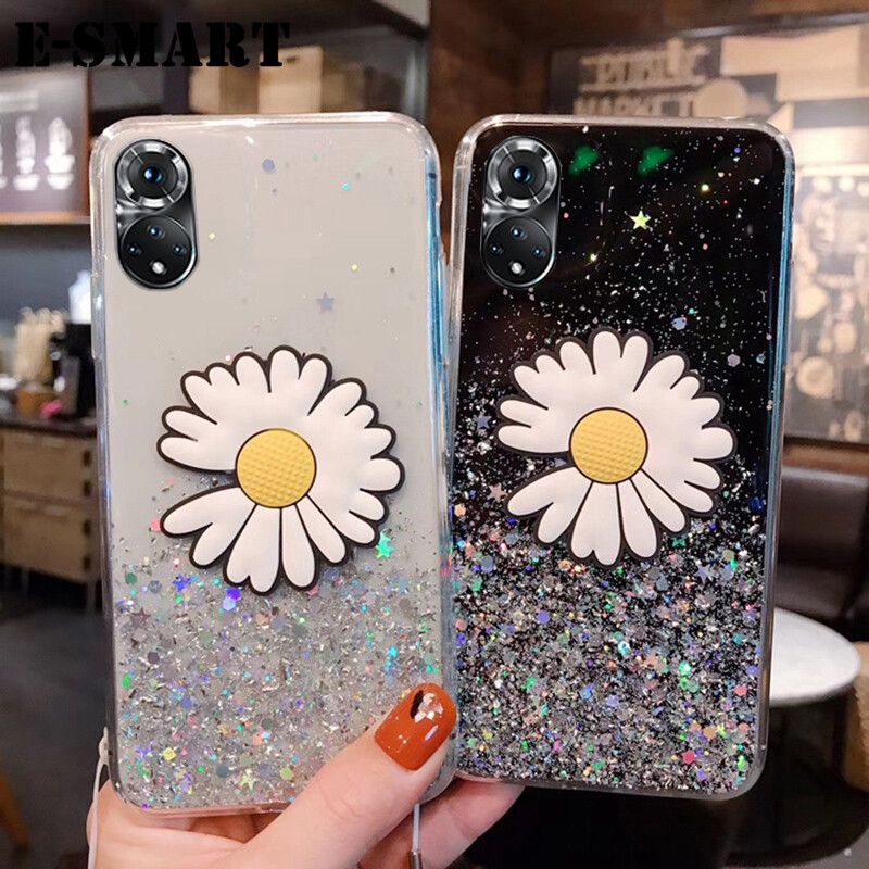 Phone Case Huawei P50 Transparent Bling Glitter Cases Soft Clear Shining Sequin Back Cover with Daisy Flowers Folding Huawei P50 Case