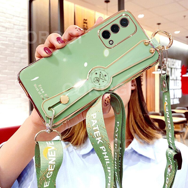 For OPPO A95 Cover with [Lanyard + Wrist Strap Stand Holder] Ultra Thin Plating Bumper Phone Case Camera Lens Protection Soft TPU Silicone Shockproof Protective Back Cover