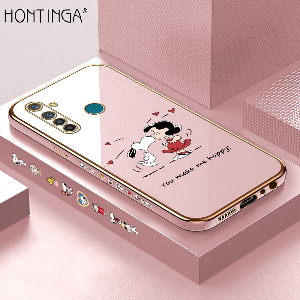 Hontinga for Realme 5 Pro Back Cover + Free Lanyard Luxury 6D Plating Happy Puppy and Girl Side Pattern Case Soft Silicone Square Mobile Cover