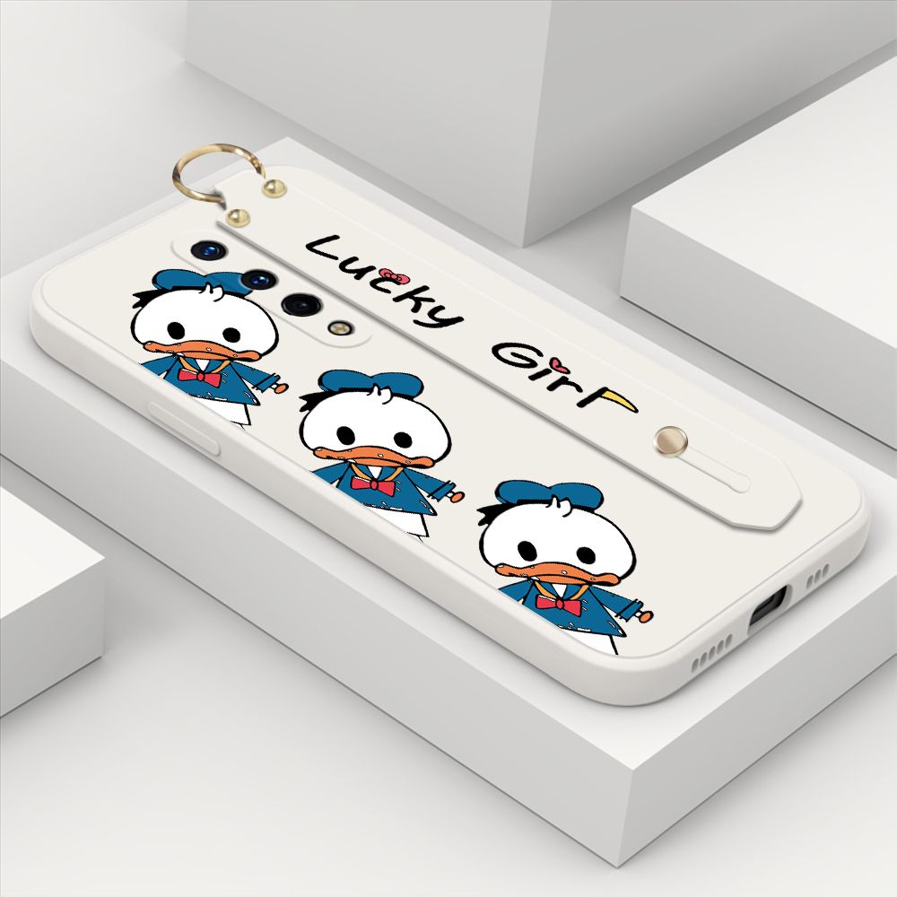ZeroQiQi for OnePlus 8 Wrist Strap Case Cute Cartoon Little Duck Phone Case Square Edge Liquid Silicone Case Full Cover Camera Shockproof Protective Cases
