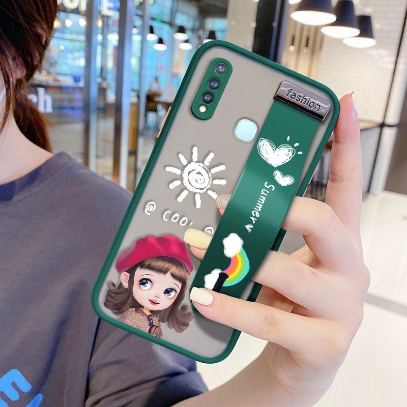UCUC for Vivo Y19 Wrist Strap Case Lovely Cartoon Red Hat Girl Wristband Printing Cover Shockproof Frosted Phone Case