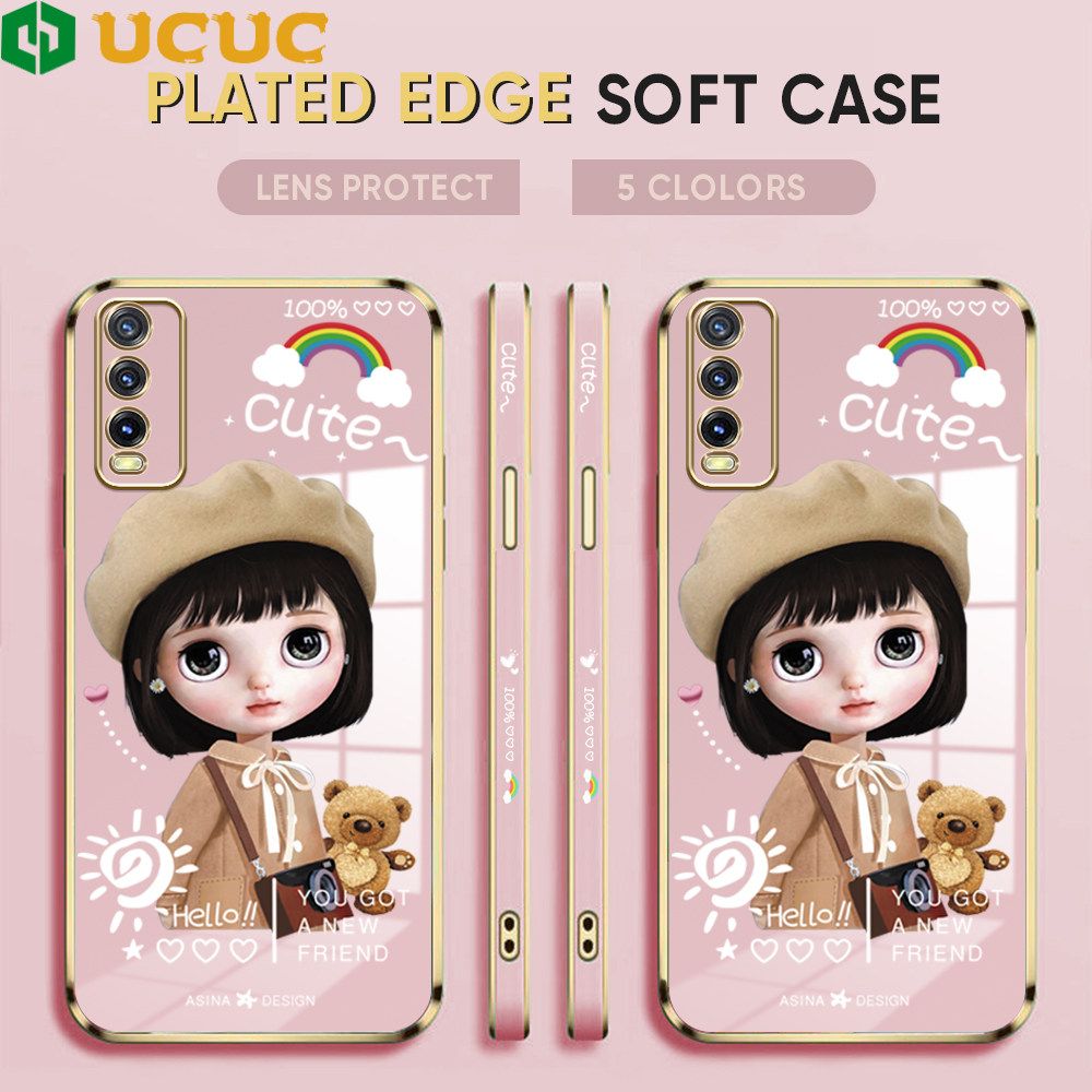 UCUC for Vivo Y20 / Y20i / Y20S / Y20 2021 / Y20SG / Y12A / Y12S Back Cover + Free Lanyard Sunshine Girl Luxury 6D Plating Case Side Pattern Soft Silicone Square Phone Cases