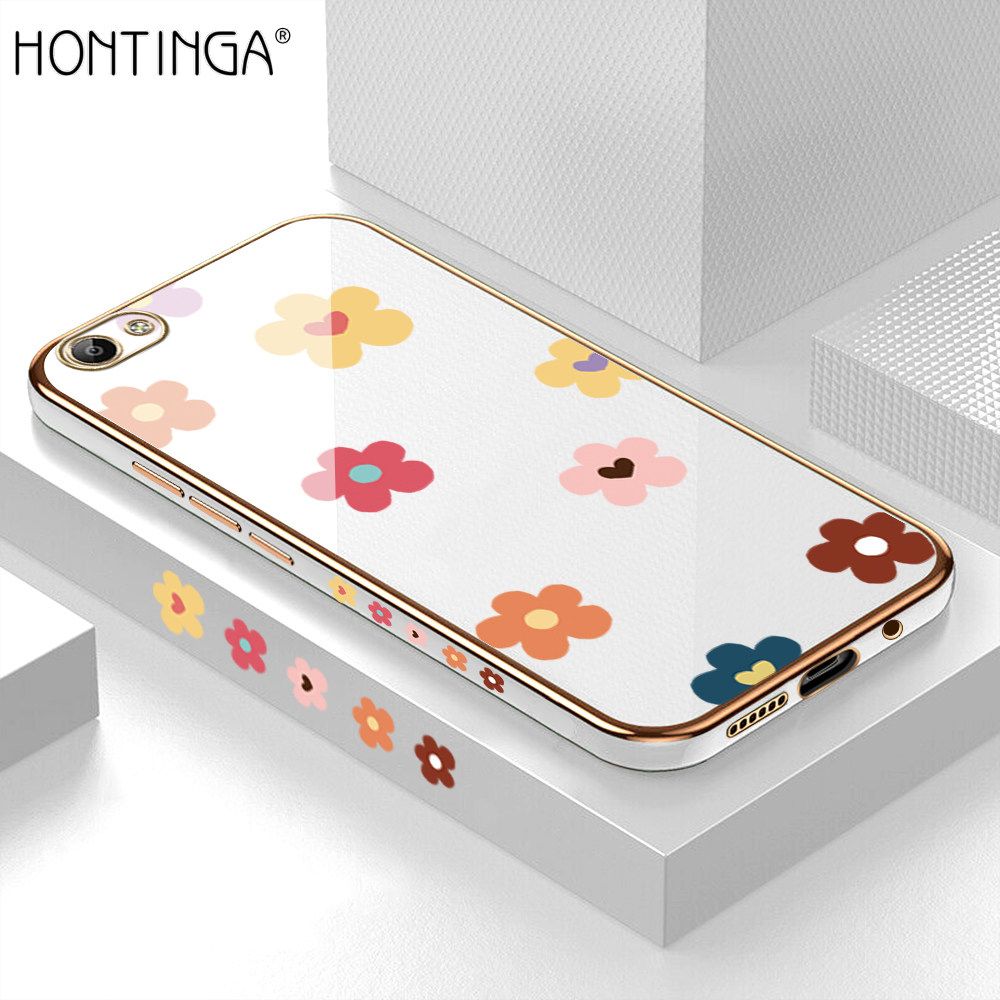 Hontinga for Vivo Y65 Case Luxury 6D Plating Soft Casing Silicone Square Frame Phone Cases Shiny Bling Cute Side Print Small flowers Back Cover