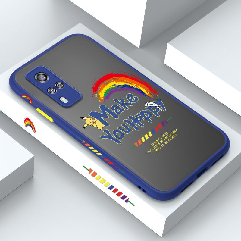 ZeroQiQi for Vivo Y51A 2021 Case Creative Cartoon Rainbow Pikachu Side Printing Cover Frosted Ultra Thin Protective Anti Fall Phone Case