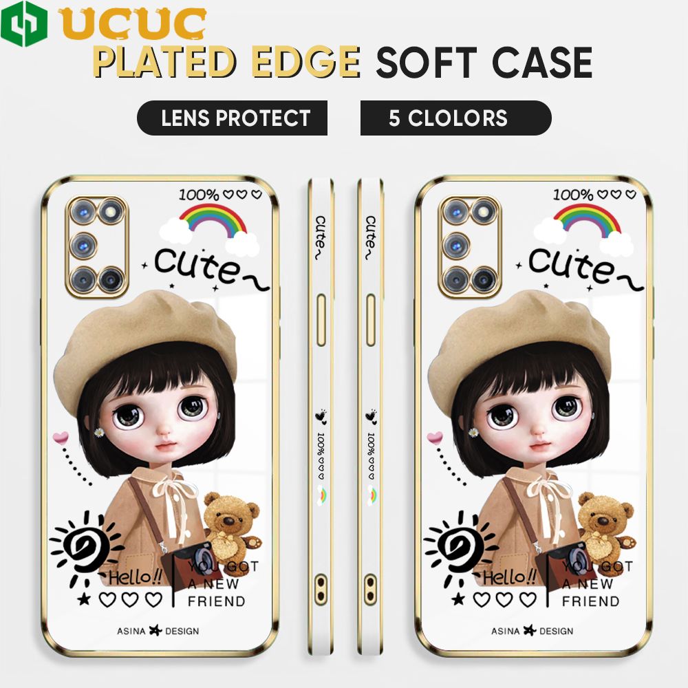 UCUC for OPPO A92 / A52 Back Cover + Free Lanyard Sunshine Girl Luxury 6D Plating Case Side Pattern Soft Silicone Square Phone Cases
