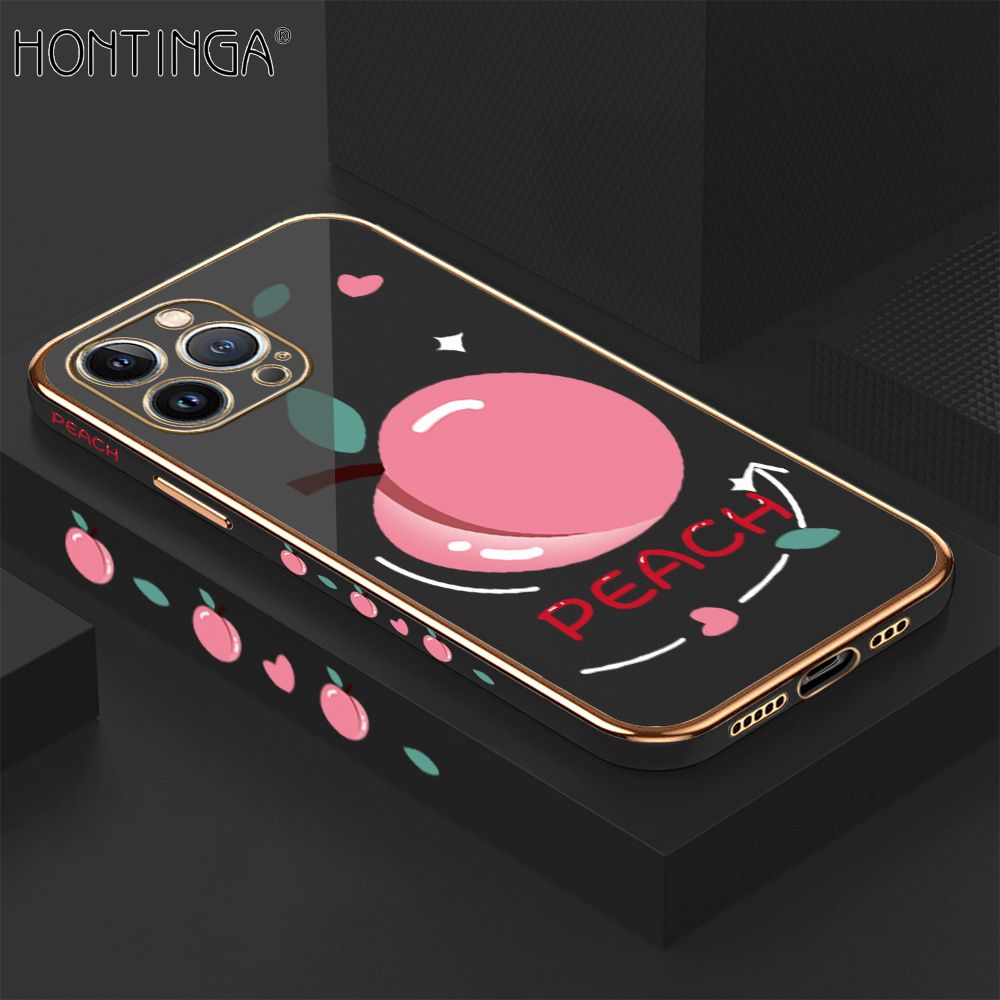 Hontinga for iPhone 13 Pro Case Luxury 6D Plating Soft Casing Silicone Square Frame Phone Cover Shiny Bling Side Print Cartoon Simple Peach Cases