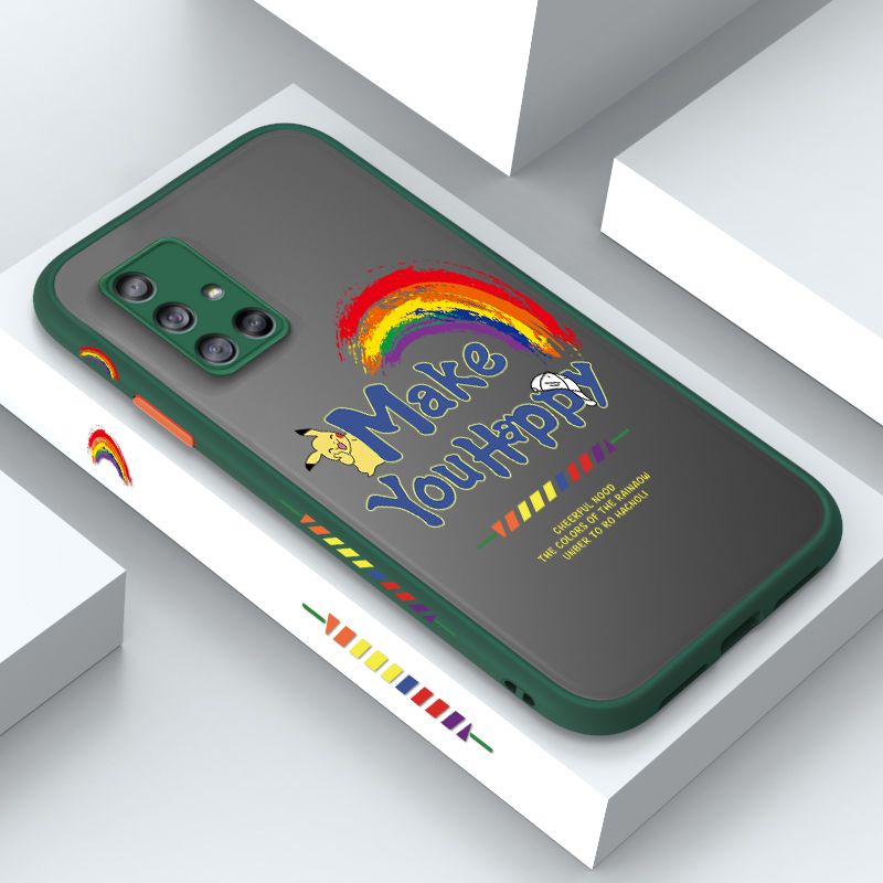 ZeroQiQi for Samsung A71 Case Creative Cartoon Rainbow Pikachu Side Printing Cover Frosted Ultra Thin Protective Anti Fall Phone Case