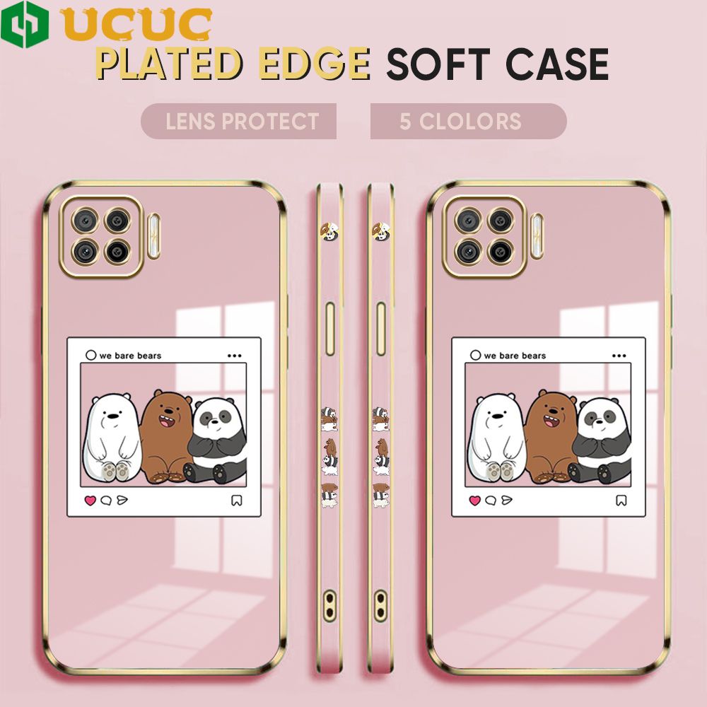 UCUC for OPPO A73 2020 Cover Bears Photo Luxury 6D Plating Soft Casing Silicone Square Frame Phone Case Shiny Bling Back Cover + Free Lanyard