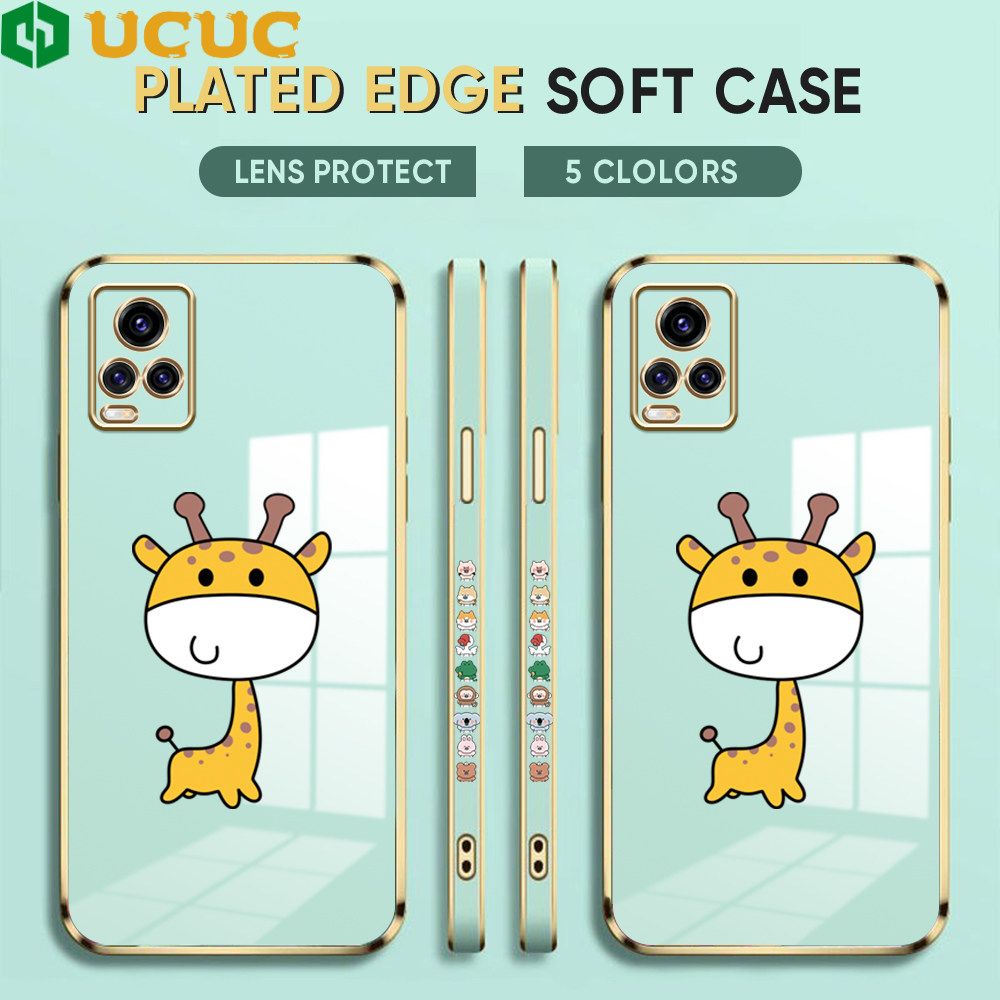 UCUC for Vivo V20 Pro Back Cover + Free Lanyard Big Head Giraffe Luxury 6D Plating Case Side Pattern Soft Silicone Square Phone Cases