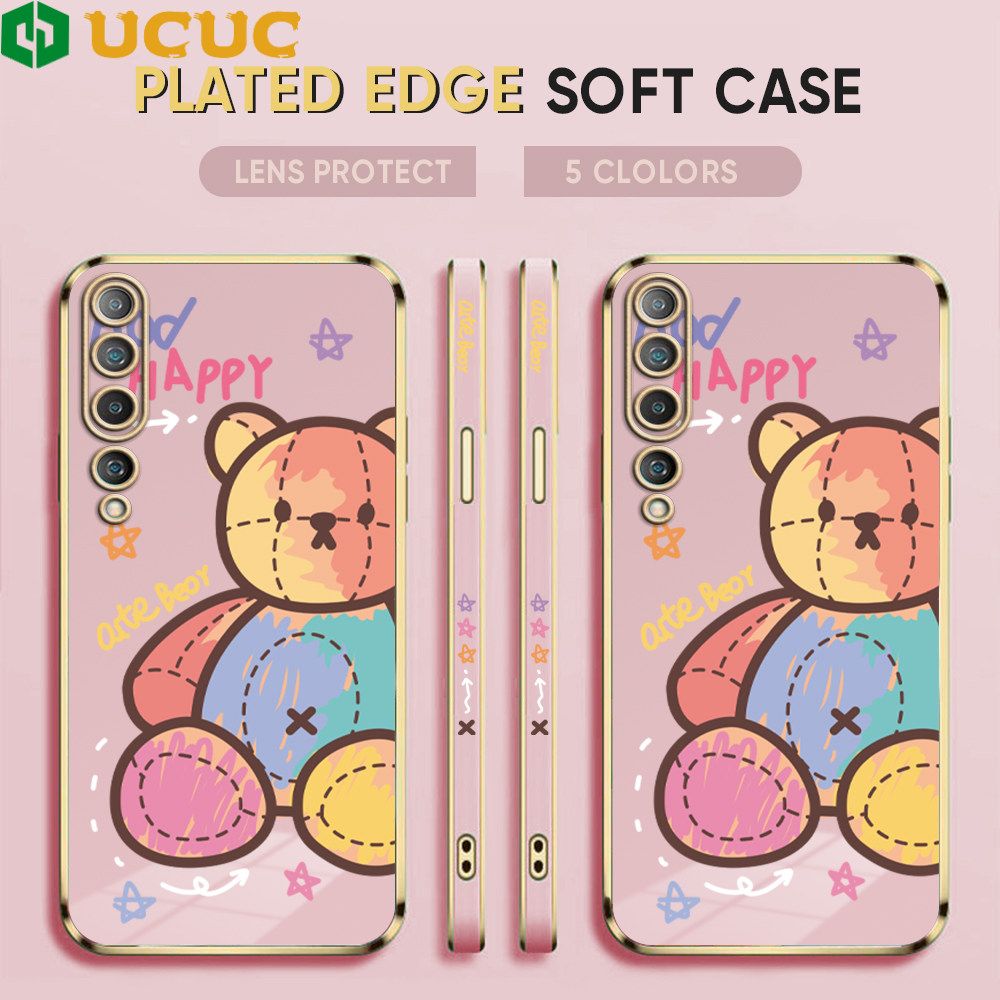UCUC for Xiaomi MI 10 Back Cover + Free Lanyard Colorful Muppet Bear Luxury 6D Plating Case Side Pattern Soft Silicone Square Phone Cases