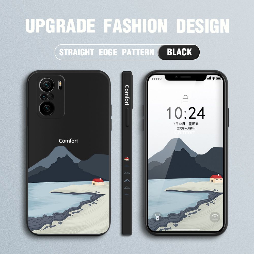 Jizetin for Xiaomi Poco F3 / Redmi K40 / K40 Pro Case Mount Fuji Design Side Design Phone Case Square Edge Pattern Liquid Silicone Cases Full Cover Camera Shockproof Protective Case