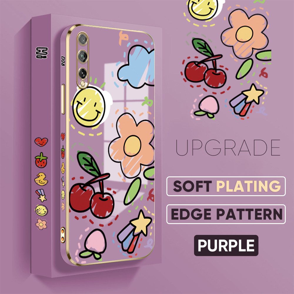 TA for Huawei Y8P 2020 Back Cover + Free Lanyard Colorful Fruit Painting Luxury 6D Plating Case Side Pattern Soft Silicone Square Phone Cases