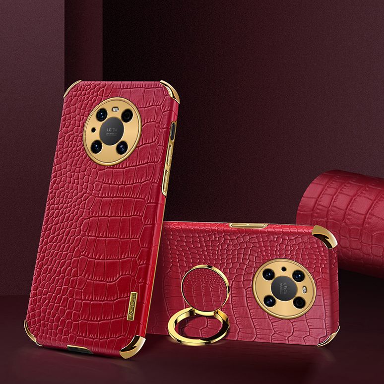 Luxury Plated Crocodile Pattern Leather Holder Phone Case For Huawei Mate 40 Magentic Car Ring Stand Cover