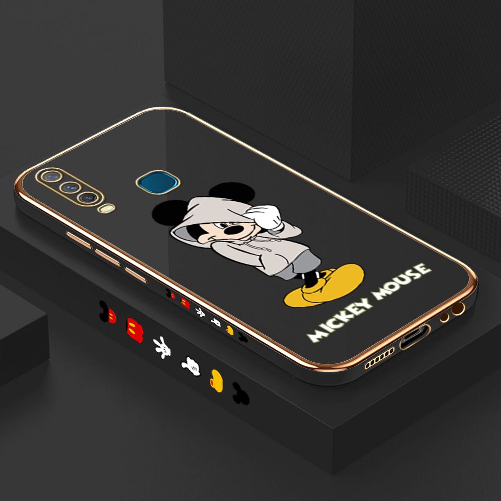 Luxury 6D Plating Case for Vivo Y12 Cartoon Cool Mouse Side Pattern Back Cover Soft Silicone Square Frame Shiny Bling Phone Cases + Free Lanyard