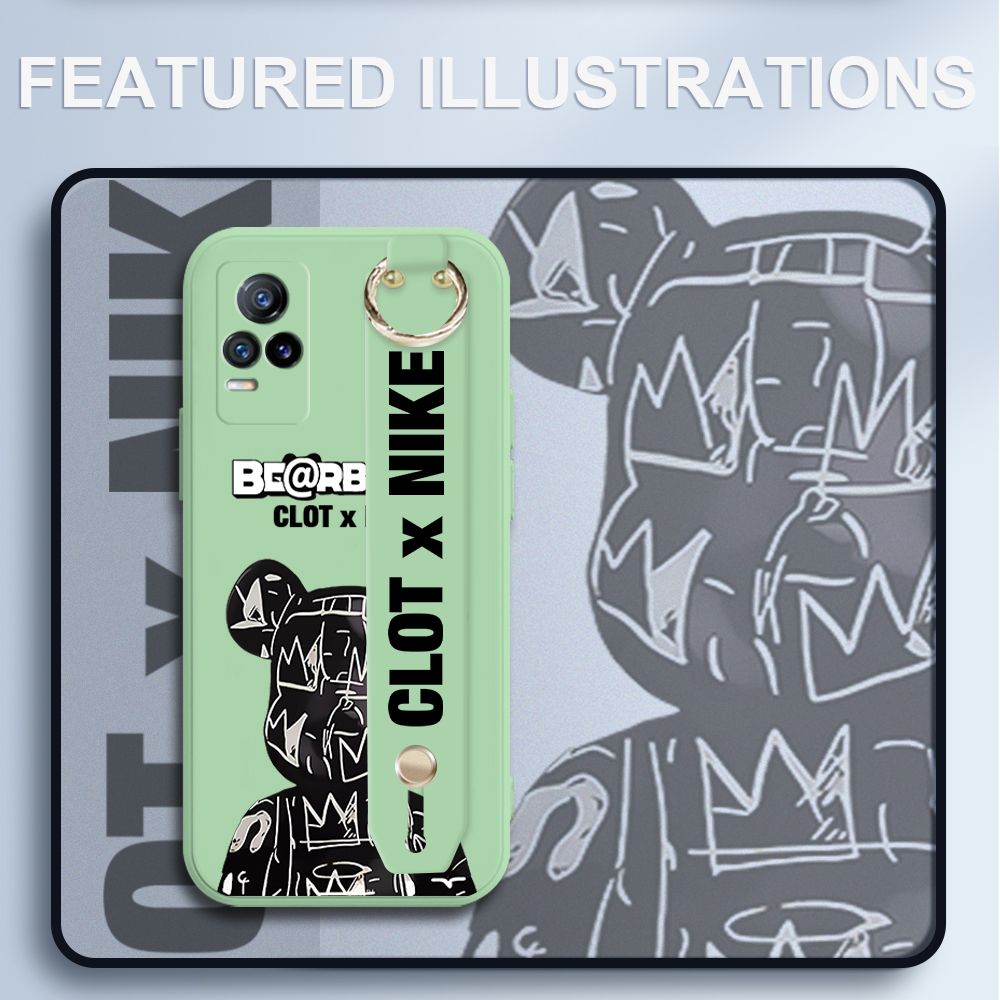 UCUC for Vivo V21E Wrist Strap Case Creative Cartoon Black Stitching Bear Cover Ultra Thin Anti Fall Liquid Silicone Phone Case