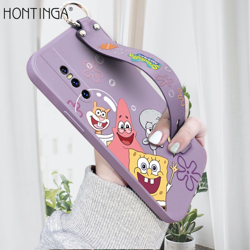 Hontinga for Vivo V15 Pro Wrist Strap Case Cute Cute Funny Cartoon Sponge for Square Pants Cover Square Edge Liquid Silicone Anti-drop Phone Case