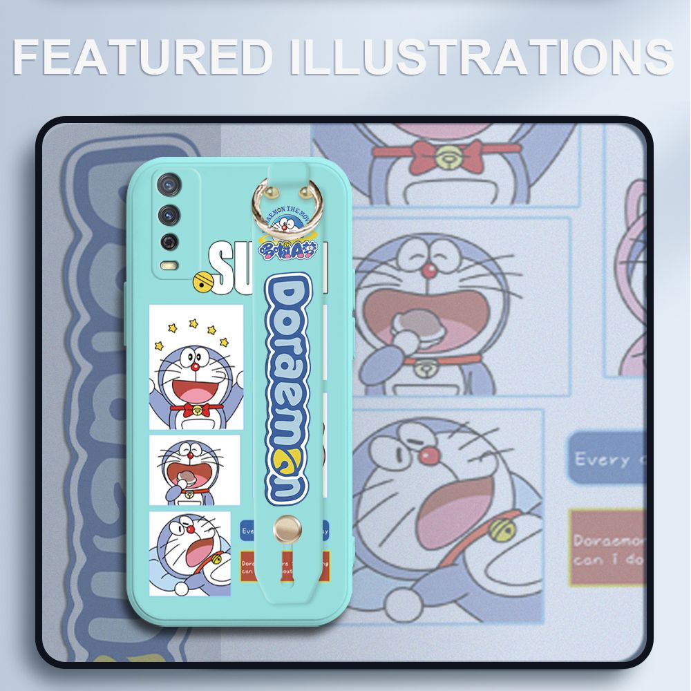 UCUC for Vivo Y20S Wrist Strap Case Creative Cartoon Doraemon's Daily Life Cover Ultra Thin Anti Fall Liquid Silicone Phone Case