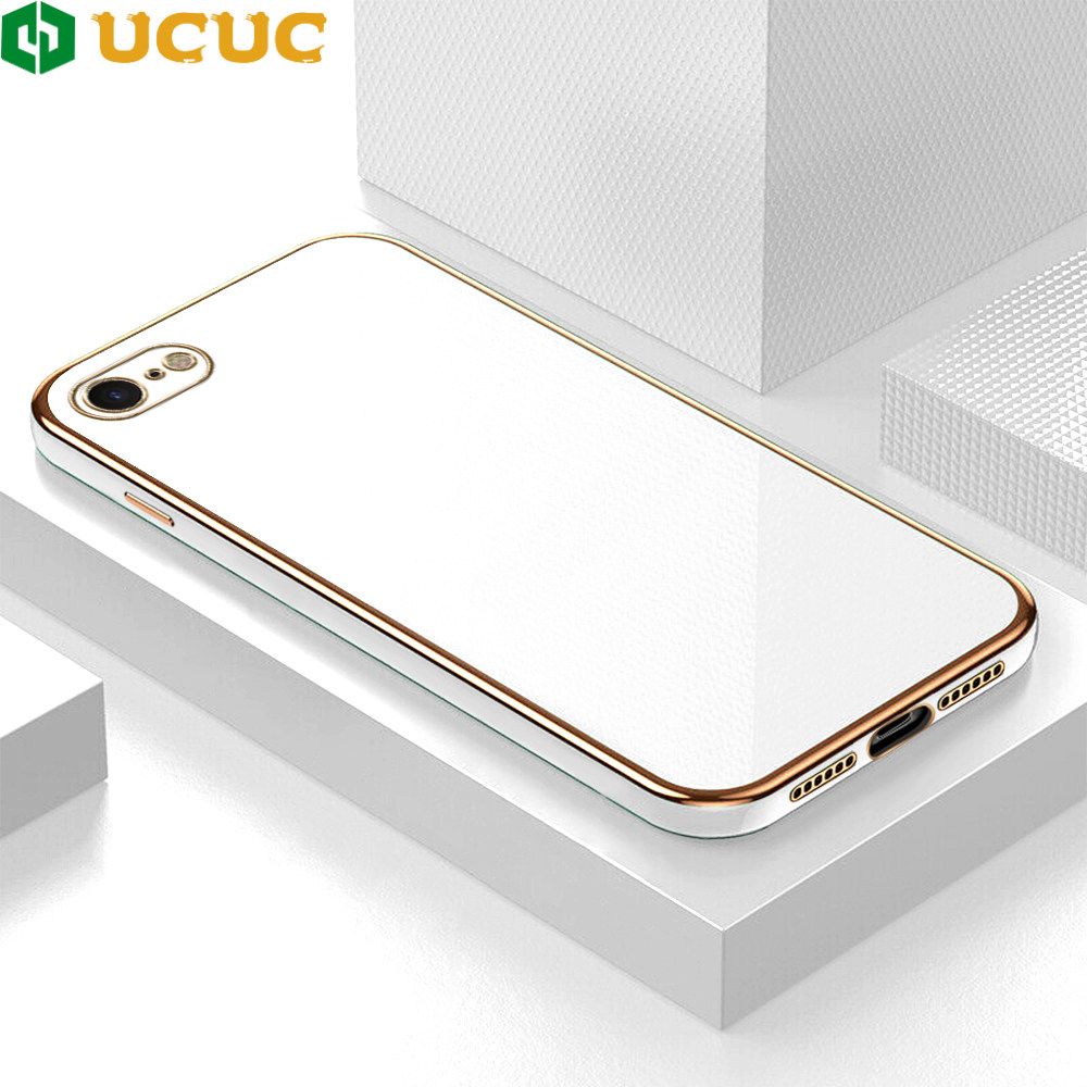 UCUC for iPhone SE 2020 / 7 / 8 / SE 2022 Back Cover + Free Lanyard Colour Luxury 6D Plating Case Side Pattern Soft Silicone Square Phone Cases